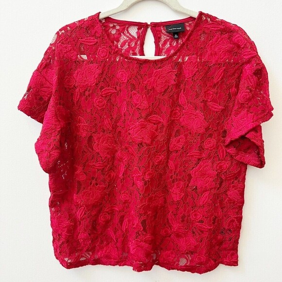 Who What Wear Tops - Womens Red Lace Short Sleeve Sheer Blouse Sexy Sz XL Who What Wear